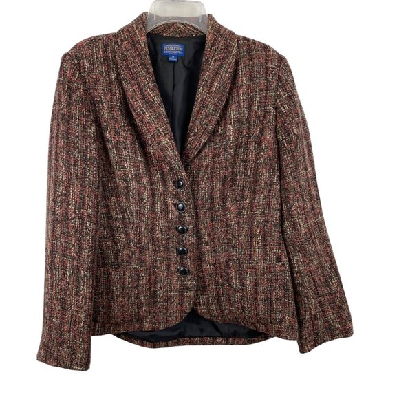 Pendleton Petites Black Tan Orange Tweed Lined Blazer Jacket Womens Size 14P - Picture 1 of 9
